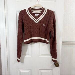 aritzia TNA varsity cricket brown cable knit sweater